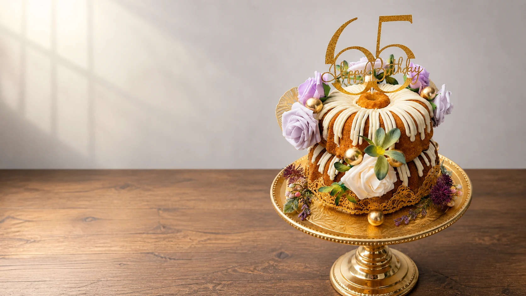 Custom two-tier birthday cake with floral details and a gold 65th birthday topper