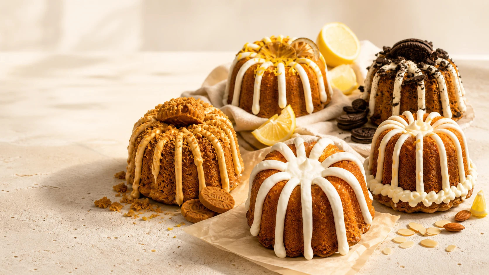 An assortment of handmade pound cakes with cookie butter, lemon, vanilla, Oreo, and almond toppings